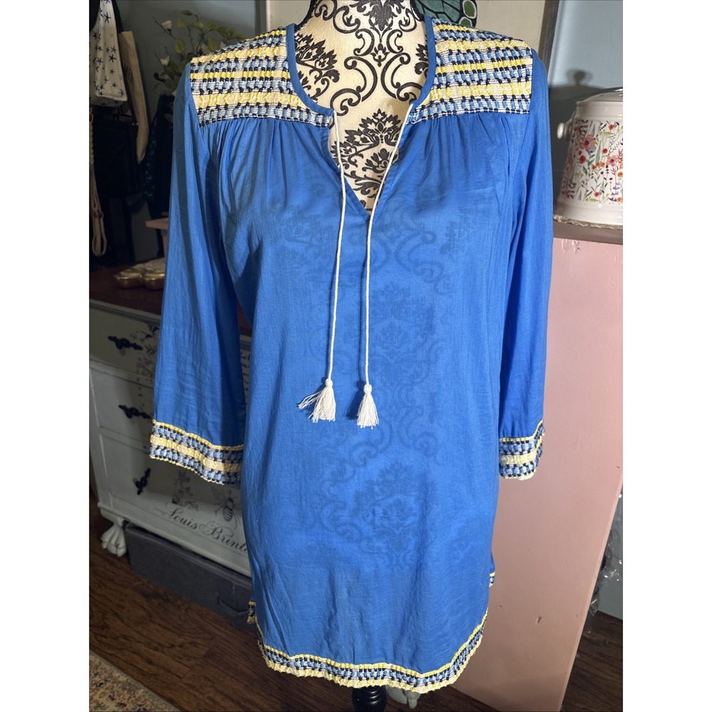 J.‎ McLaughlin Tunic Top Size S Blue Cotton Resort Popover Lightweight Tasseled